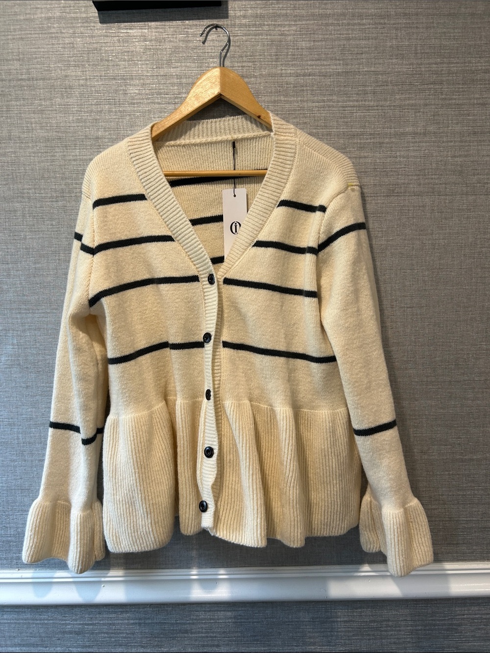 Amazon Cream and Black Striped Button Front Peplum Cardigan